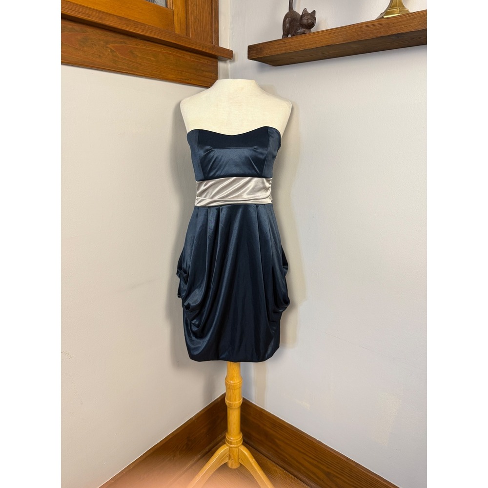 VTG Y2K Ruby Rox Strapless Blue Bubble Dress Small Silver Bow HOCO Satin